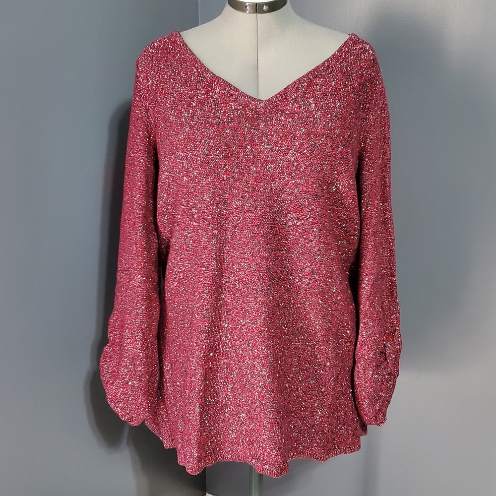 New Directions Red Black Silver V-Neck Sweater Women's Size 2X